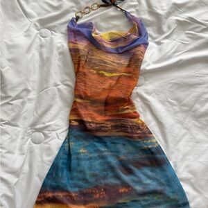 Multicolor Sleeveless Halter Dress with Chain Detail